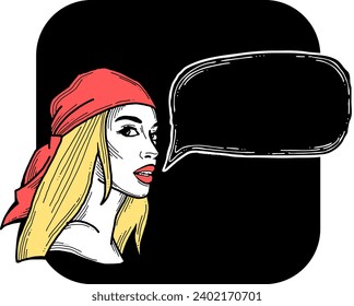 Beautiful young woman talk. Empty speech bubble for sale promotion, text background, quotes. Hand drawn illustration, cartoon comic style vector.