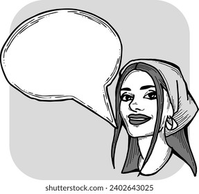 Beautiful young woman talk. Empty speech bubble for sale promotion, text background, quotes. Hand drawn illustration, cartoon comic style vector.