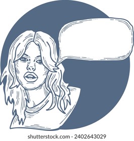 Beautiful young woman talk. Empty speech bubble for sale promotion, text background, quotes. Hand drawn illustration, cartoon comic style vector.
