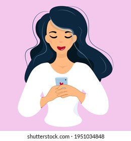 Beautiful young woman talking on mobile phone. Modern lifestyle and communication concept. Illustration in vector cartoon flat style.