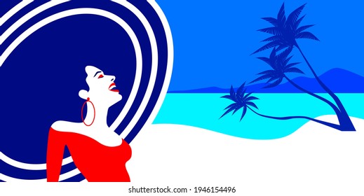 Beautiful Young Woman Tanning At The Beach, Retro Style. Pop Art. Summer Holiday. Vector Eps10 Illustration 