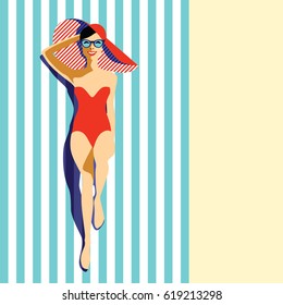 Beautiful Young Woman Tanning, With Sunglasses, Hat, At The Beach, Retro Style. Pop Art. Summer Holiday. Vector Eps10 Illustration 