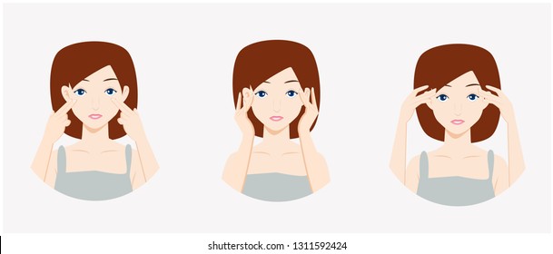 Beautiful young woman temples. female touching her face between beauty treatment. Skin care. Relaxation. Young skin. Facial treatment. face massage concept vector.