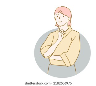 Beautiful young woman thinking and planning. Business vision concept. Hand drawn in thin line style, vector illustrations.