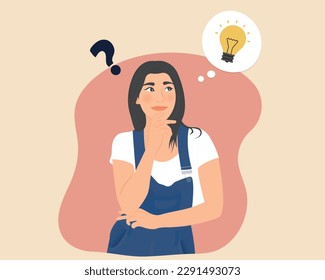 Beautiful young woman thinking, planning work, business success, analyzing solutions, finding answers to questions. Vector illustration.