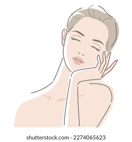 Beautiful young woman with tied hair touches her cheek with her finger. Beauty, fashion, makeup, skincare concept. Vector illustration in line drawing, isolated on white background.