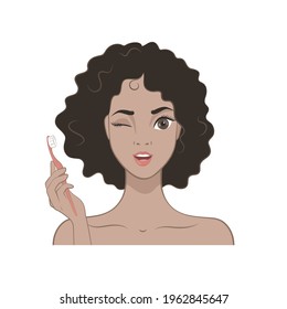 Beautiful young woman with toothbrush  isolated on the white background. Vector illustration in cartoon style