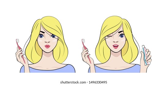 Beautiful young woman with toothbrush and toothpaste. Dental care. Vector illustration in cartoon style