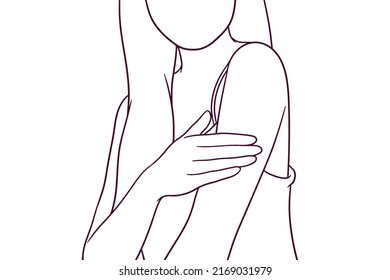 beautiful young woman touch her skin. beauty cosmetics and facial treatment concept. hand drawn style vector illustration