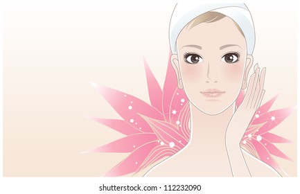 Beautiful young woman touching her face after beauty treatment on a lotus flower background. Skin care. Relaxation.Clipping mask is used in the file.