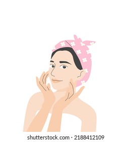 A beautiful young woman touching her face, Skin care concept. flat vector illustration.