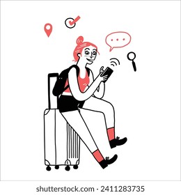 Beautiful young woman tourist sitting on a suitcase Type a message on the phone. Hand drawn vector illustration line art doodle style.