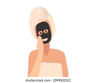 Beautiful young woman with towel on her head purifying black cosmetic mask on her face. Hand drawn girl portrait. Beauty spa treatment and skin care. Cosmetology and skincare. Flat vector isolated
