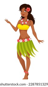 beautiful young woman in traditional Hawaiian costume. Smiling Hawaiian girl, greeting tourists or travelers. Cartoon character. Isolated on white. Vector eps file.