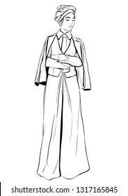 Beautiful young woman in trousers. Lovely woman portrait. Sketch. Vector illustration isolated on white