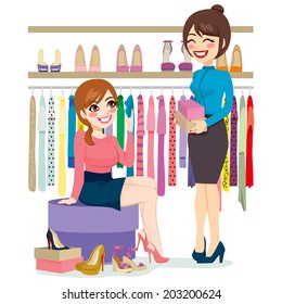 Beautiful young woman trying and shopping different shoes with help from shoe store assistant