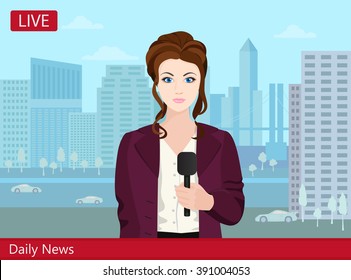Beautiful young woman TV news reporter on the street. Daily News illustration.