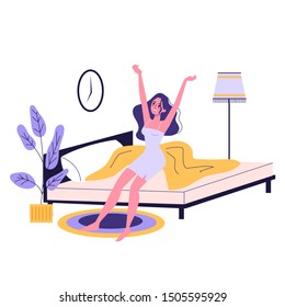 Beautiful young woman in underwear in the bed after a sleep. Pretty girl relaxing on the bed in her bedroom. Isolated vector illustration in cartoon style