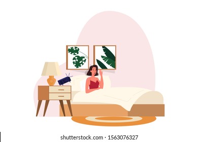 Beautiful young woman in underwear in the bed after a sleep. Awaking pretty girl in her bedroom. Isolated vector illustration in cartoon style