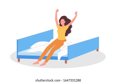 Beautiful young woman in underwear in the bed after a sleep. Pretty girl relaxing on the bed in her bedroom. Isolated vector illustration in cartoon style