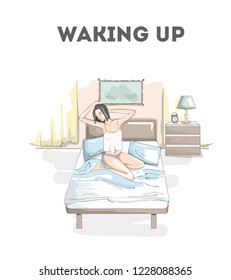 Beautiful young woman in underwear strecthing up in the bed after a sleep. Pretty girl relaxing on the bed in her bedroom. Isolated vector illustration in cartoon style