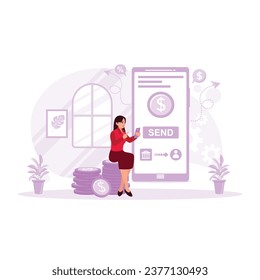 Beautiful young woman using a cellphone to do business and transfer money using internet banking. Internet Banking concept. Trend Modern vector flat illustration