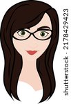 Beautiful Young Woman Vector Illustration with Green Eyes, Black Glasses and Brown Hair Isolated on White