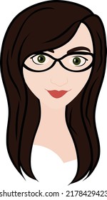 Beautiful Young Woman Vector Illustration with Green Eyes, Black Glasses and Brown Hair Isolated on White