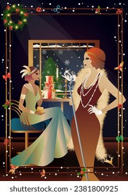 A beautiful young woman in a vintage dress with a retro microphone at the window. The singer s performance at the New Year s holiday. Concept for holiday, winter holidays, New Year, Christmas