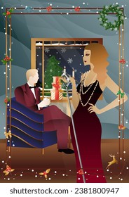A beautiful young woman in a vintage dress with a retro microphone at the window. The singer s performance at the New Year s holiday. Concept for holiday, winter holidays, New Year, Christmas