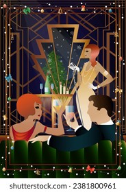A beautiful young woman in a vintage dress with a retro microphone at the window. The singer s performance at the New Year s holiday. Concept for holiday, winter holidays, New Year, Christmas