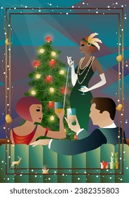 A beautiful young woman in a vintage dress with a retro microphone at the Christmas tree. The singer s performance at the New Year s holiday. Concept for holiday, winter holidays, New Year, Christmas
