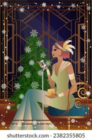 A beautiful young woman in a vintage dress with a retro microphone at the Christmas tree. The singer s performance at the New Year s holiday. Concept for holiday, winter holidays, New Year, Christmas