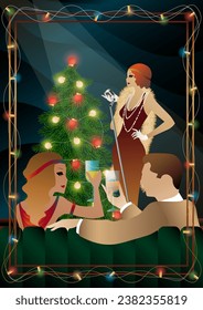 A beautiful young woman in a vintage dress with a retro microphone at the Christmas tree. The singer s performance at the New Year s holiday. Concept for holiday, winter holidays, New Year, Christmas