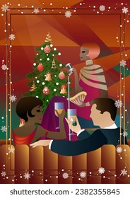 A beautiful young woman in a vintage dress with a retro microphone at the Christmas tree. The singer s performance at the New Year s holiday. Concept for holiday, winter holidays, New Year, Christmas