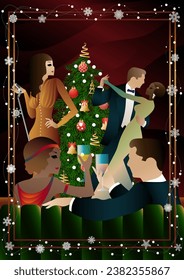 A beautiful young woman in a vintage dress with a retro microphone at the Christmas tree. The singer s performance at the New Year s holiday. Concept for holiday, winter holidays, New Year, Christmas