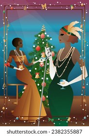 A beautiful young woman in a vintage dress with a retro microphone at the Christmas tree. The singer s performance at the New Year s holiday. Concept for holiday, winter holidays, New Year, Christmas