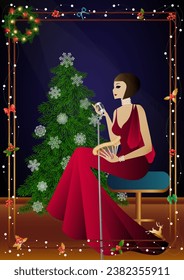 A beautiful young woman in a vintage dress with a retro microphone at the Christmas tree. The singer s performance at the New Year s holiday. Concept for holiday, winter holidays, New Year, Christmas