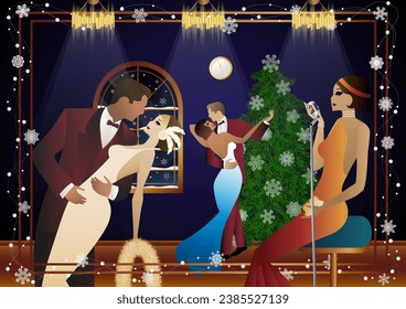 A beautiful young woman in a vintage dress with a retro microphone at the Christmas tree. The singer s performance at the New Year s holiday. Concept for holiday, winter holidays, New Year, Christmas