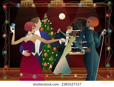 A beautiful young woman in a vintage dress with a retro microphone at the Christmas tree. The singer s performance at the New Year s holiday. Concept for holiday, winter holidays, New Year, Christmas
