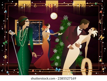 A beautiful young woman in a vintage dress with a retro microphone at the Christmas tree. The singer s performance at the New Year s holiday. Concept for holiday, winter holidays, New Year, Christmas