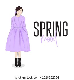 Beautiful young woman in violet trendy coat. Stylish clothing outfit. Fashion spring look. Sketch. Vector illustration.