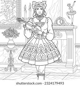 Beautiful young woman with the violin. Adult coloring book page with intricate ornament.