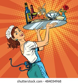 Beautiful young woman waitress in a restaurant, pop art retro vector illustration. Tray holiday dinner