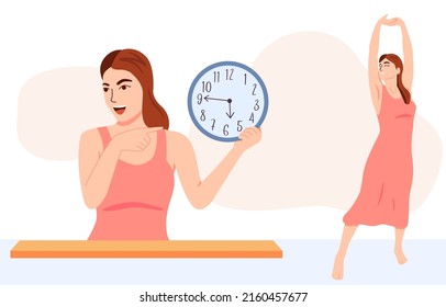 Beautiful young woman waking up in the morning smiling, women's life clock, Healthy lifestyle concept vector illustration.