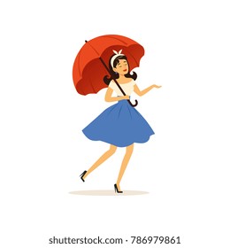 Beautiful young woman walking with red umbrella, girl dressed in retro style vector Illustration