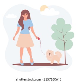 Beautiful young woman walking spitz dog on a leash. Friendship between humans and their pets, outdoor activity concept. Vector illustration.