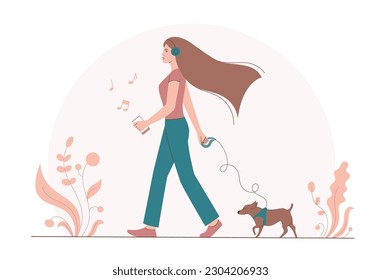 Hermosa joven caminando en audífonos inalámbricos escuchando música. Niña escucha un podcast. Concepto de aprendizaje en línea de una lección de idioma. Ilustración vectorial plana.