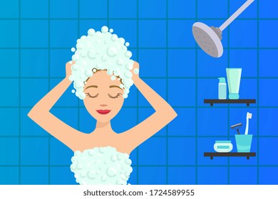 Beautiful Young Woman Washing her Hair with Shampoo in Bathroom Flat Vector Illustration