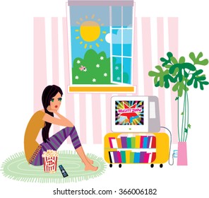 Beautiful young woman watching TV reality show on TV at home alone. Self isolation lockdown concept vector illustration.